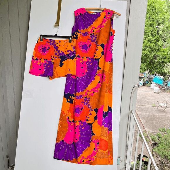 1960s Krist Vibrant Floral Print Dress/Tunic Set, Bold Psychedelic, XS/S - Picture 15 of 16